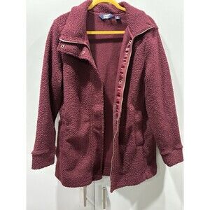 Lands End Boucle Fleece Midweight Elevated Jacket Burgundy Zip Coat Womens Med